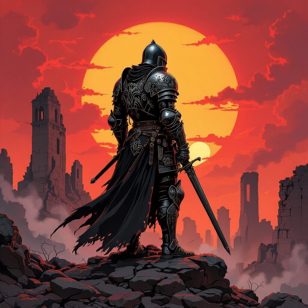 Knight Silhouetted Against a Blood-Red Sunset
