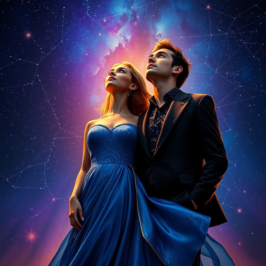 Couple Gazing Up at the Cosmic Night Sky in Hyperrealistic S...