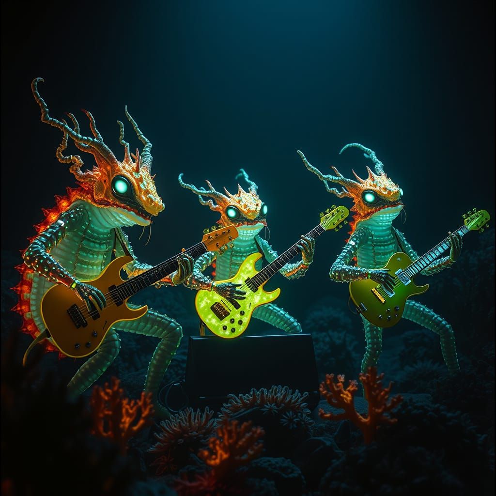 Bioluminescent Deep-Sea Creatures Rock Band in Abyss