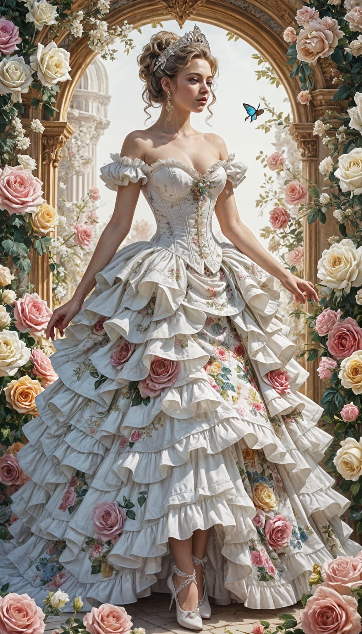 Elegant White Princess in Rococo Gown