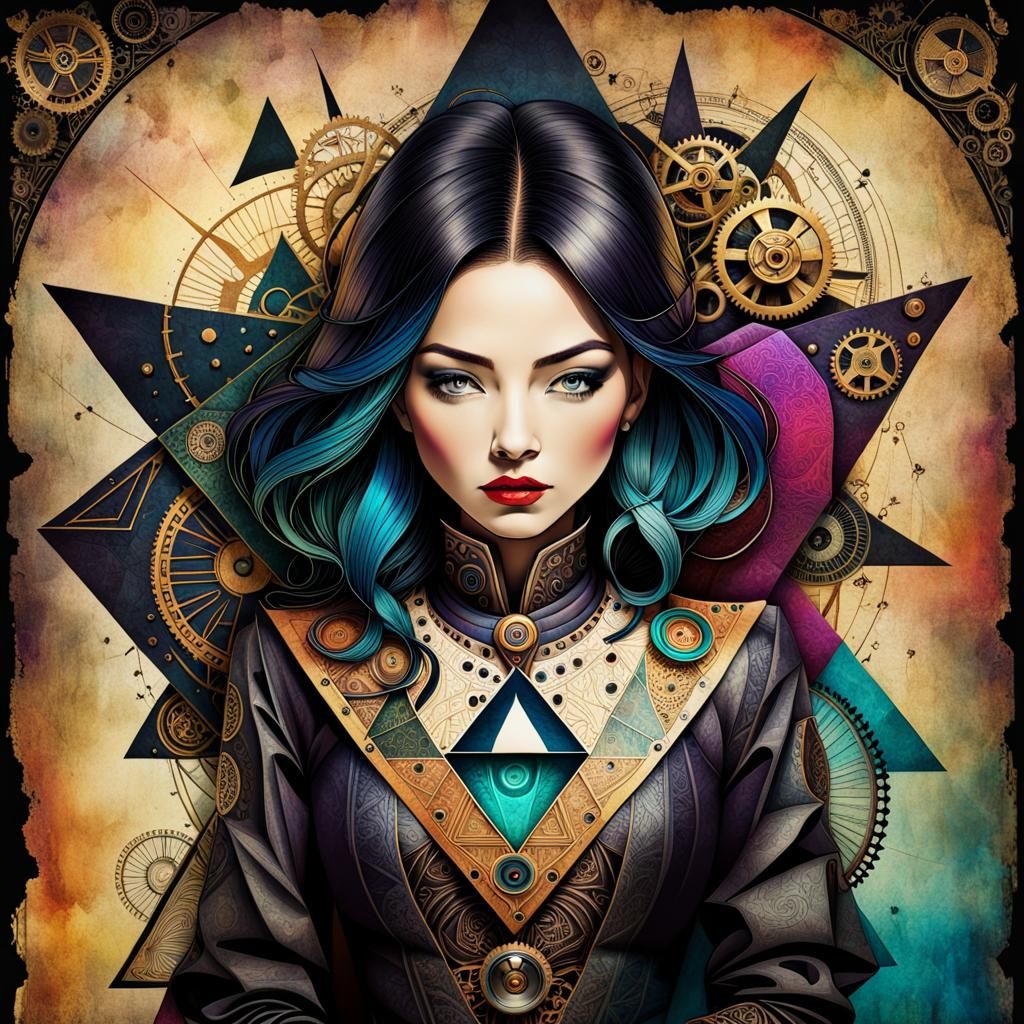 Geometric Portrait in Surrealist Ink Art Style