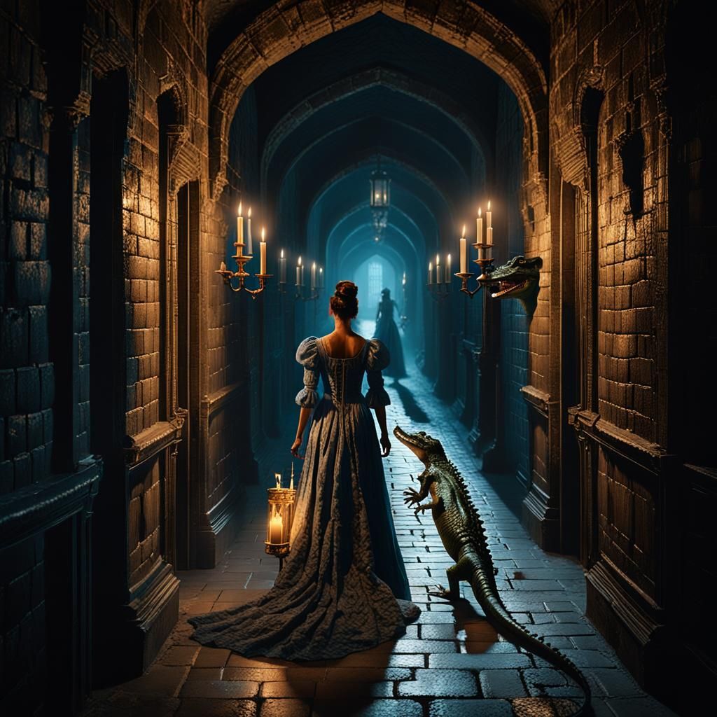 Woman and Alligator in Dark Ages Castle