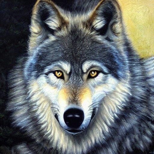 Realistic Oil Painting of a Silver and Black Wolf