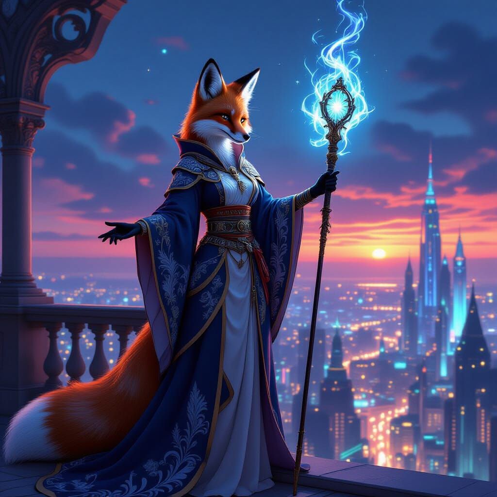 Futuristic Fox Sorceress Overlooking Neon Cityscape