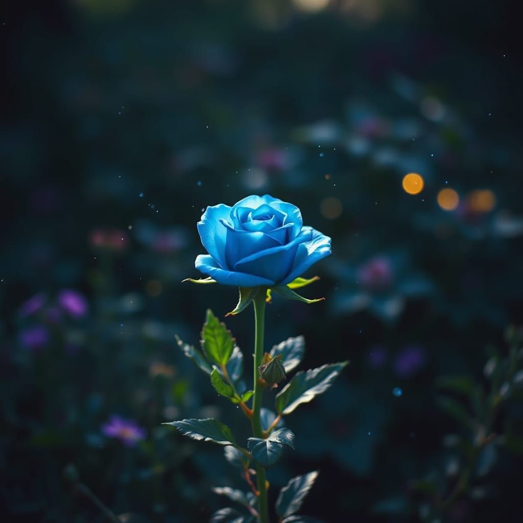 Magical Blue Rose in Glowing Garden at Night