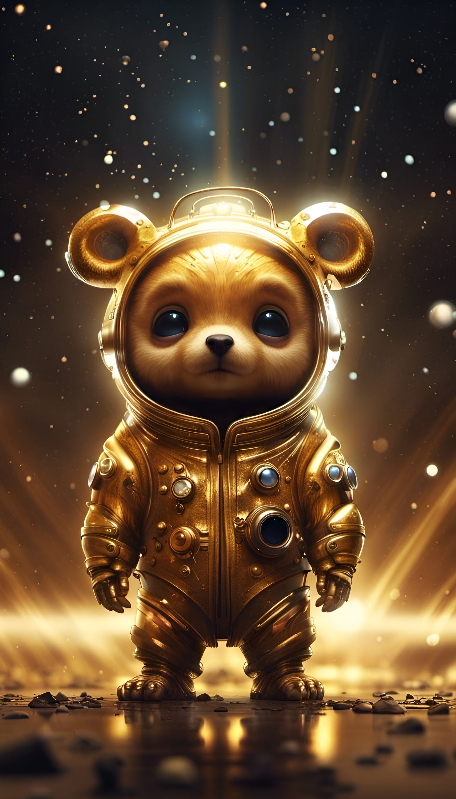 Cute Golden Alien Bear in Electrified Space Storm