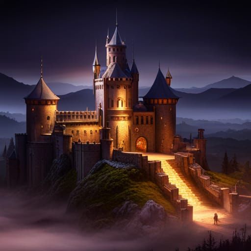 Dragon Castle at Night in Dark Fantasy Style