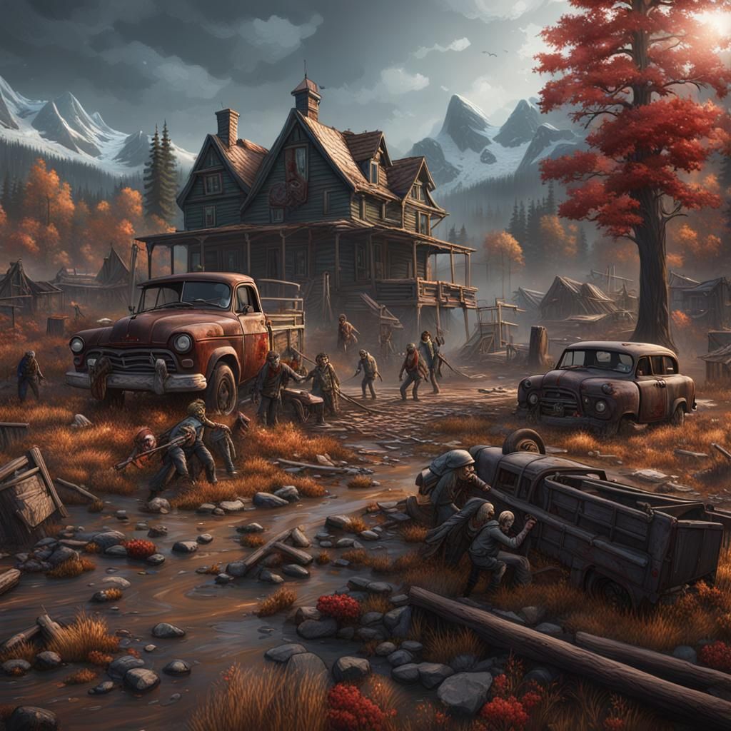 Zombies Attack Lumberjacks in Detailed Matte Painting