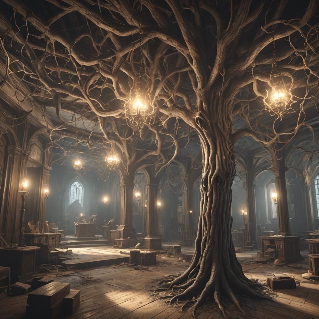 Eldritch Panorama in Hyperrealism with Flickering Light