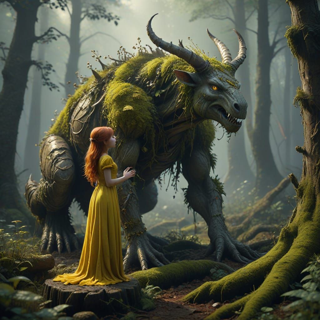 Young Girl Confronts Ancient Forest Guardian in Mystical Fog