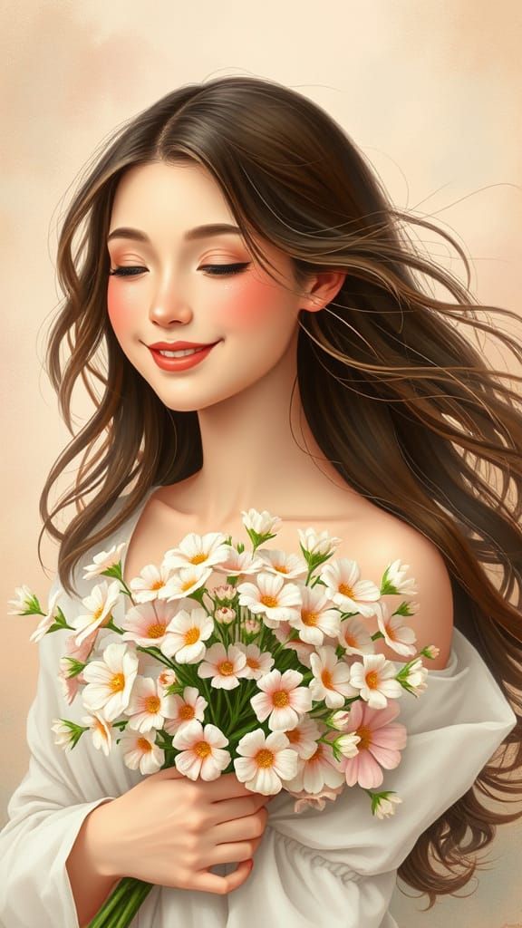 Young Woman with Flowers in Art Nouveau Style