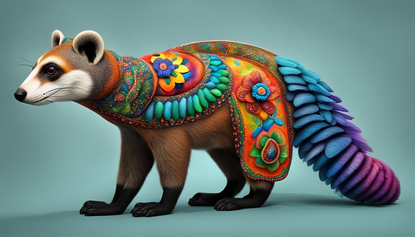 Colorful Coati in Mexican Alebrije Style