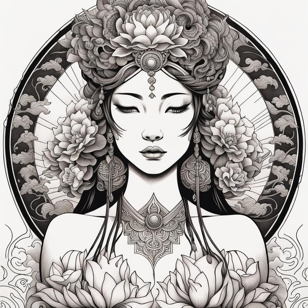 Shinto Goddess Tattoo Design in Monochromatic Line Art