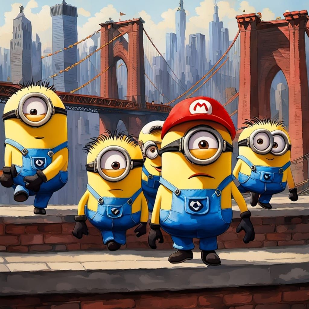 Mario Triumphant on NYC Bridge in Vibrant Gouache