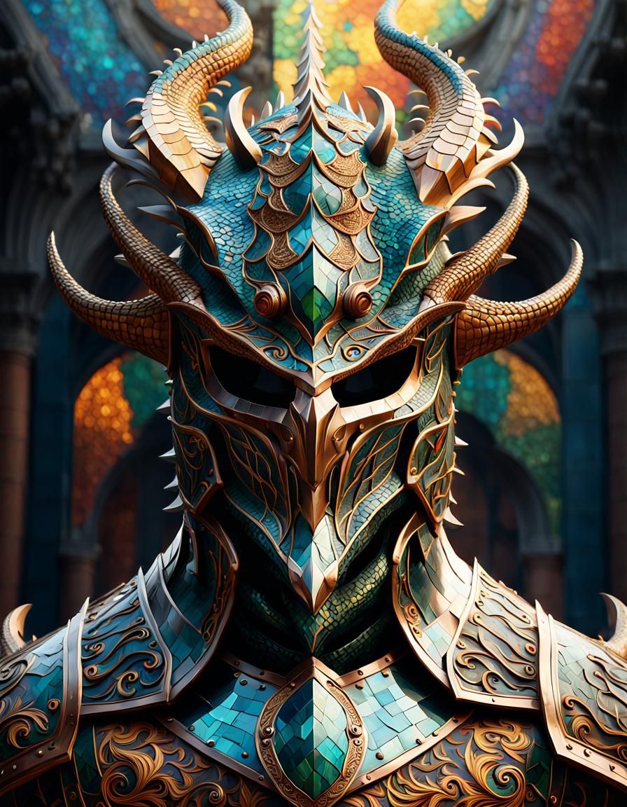Ornate Dragon Helmet on Knight in Hyperrealistic Style