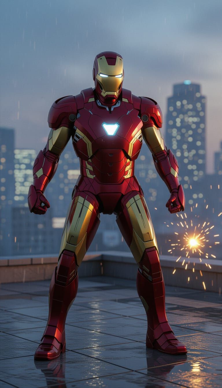 Photorealistic 3D Iron Man on Rooftop