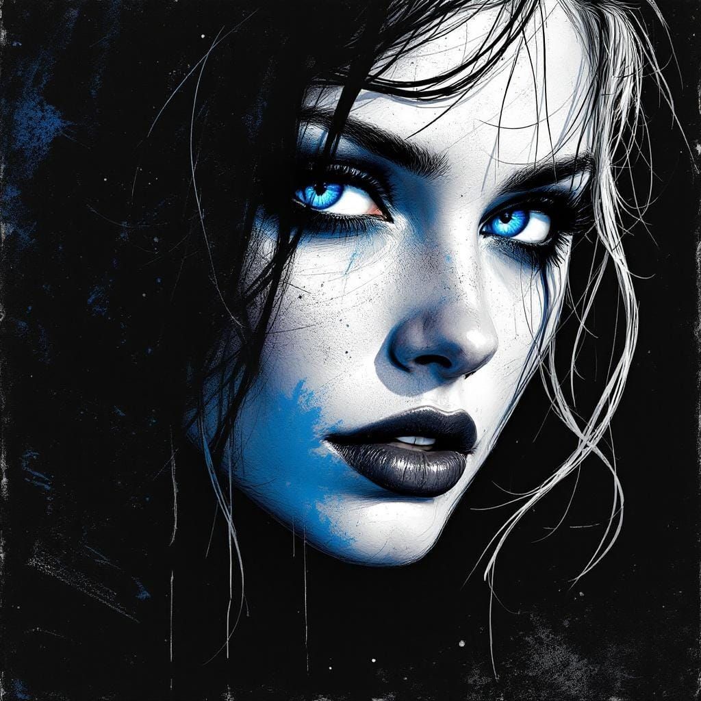 Striking Scratchboard Portrait with Blue Accents