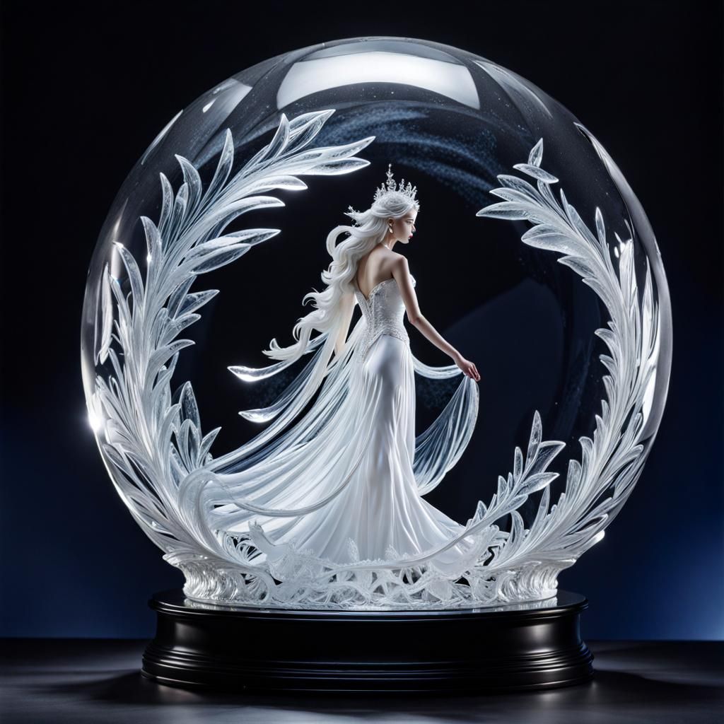 Gumiho looking angelic clear ice frozen sculpture inside ice globe 5