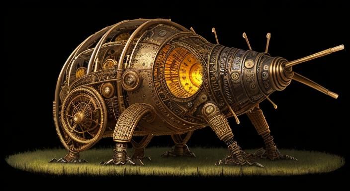 Dieselpunk Biomechanical Snail in Alien Meadow