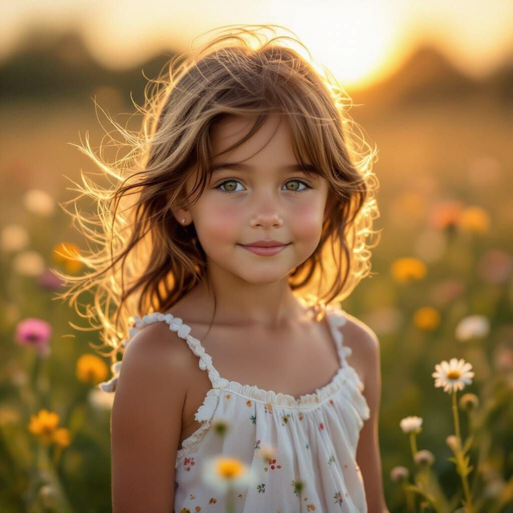 Joyful Summer Girl in Golden Hour Meadow