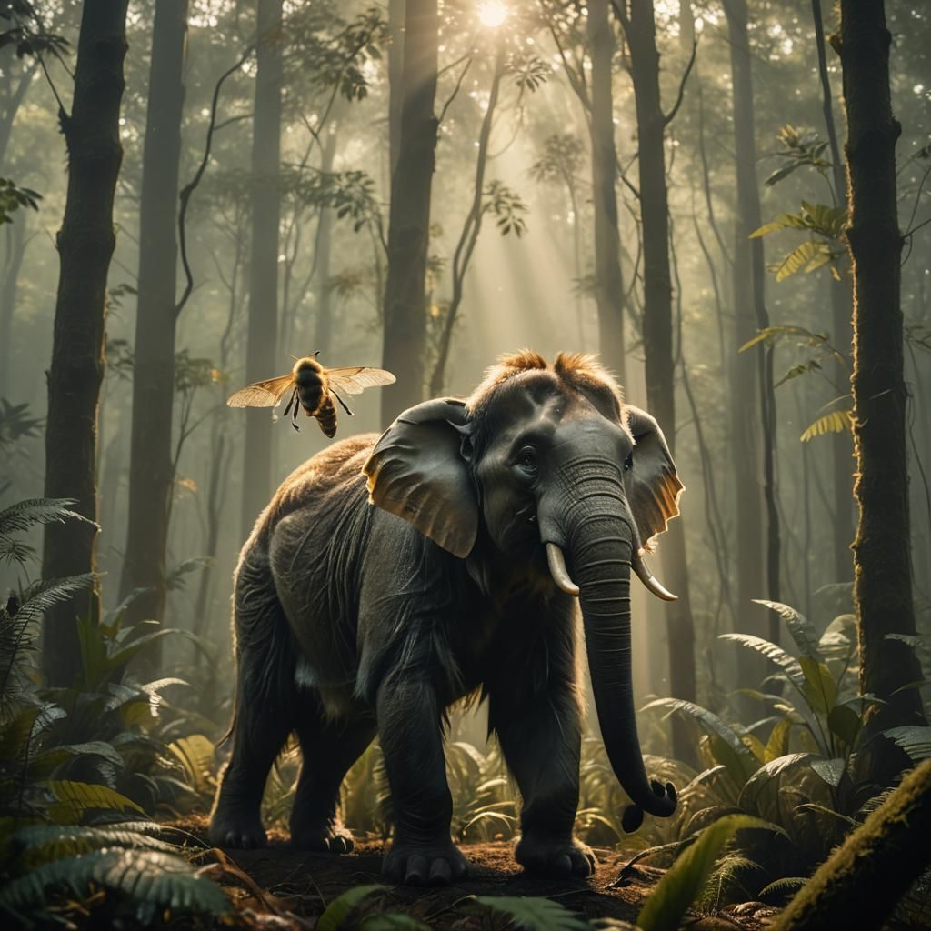 Hybrid Bee-Elephant-Monkey Creature in Misty Forest