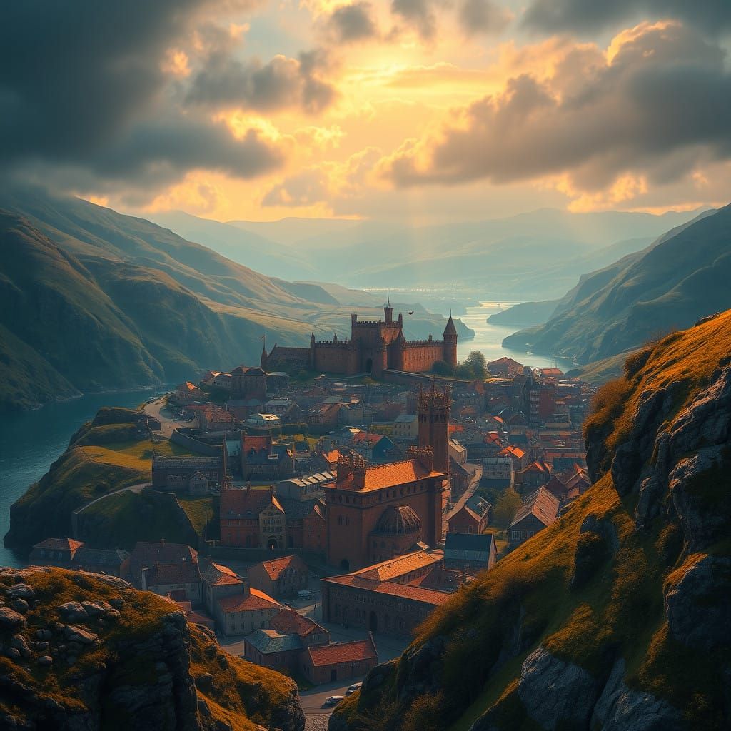 Fantasy Caernarfon Townscape in Celtic Patterned Fantasy Art