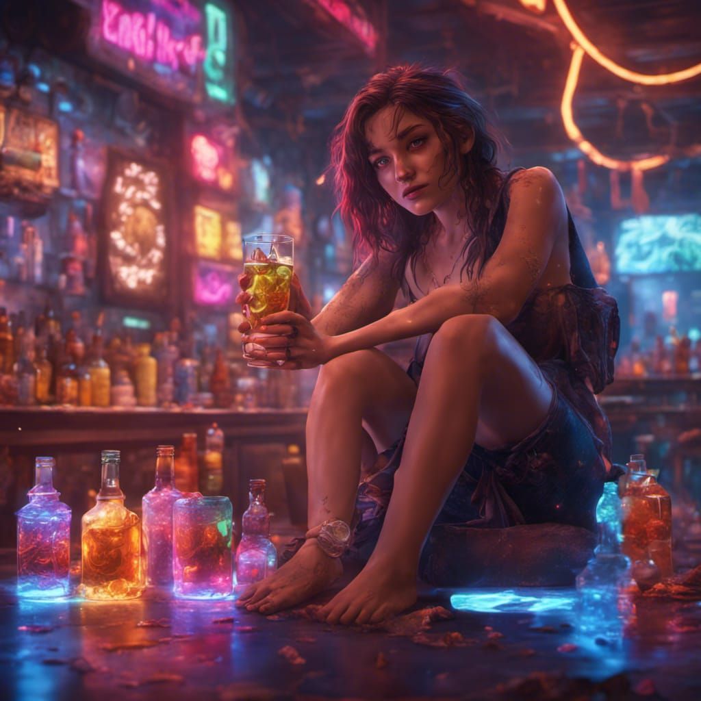 Neon Lit Drinks with Barefoot Girl: Detailed Digital Art