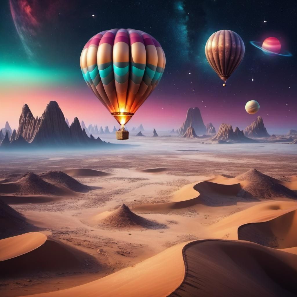 Hot Air Balloon Over Alien Landscape at Night