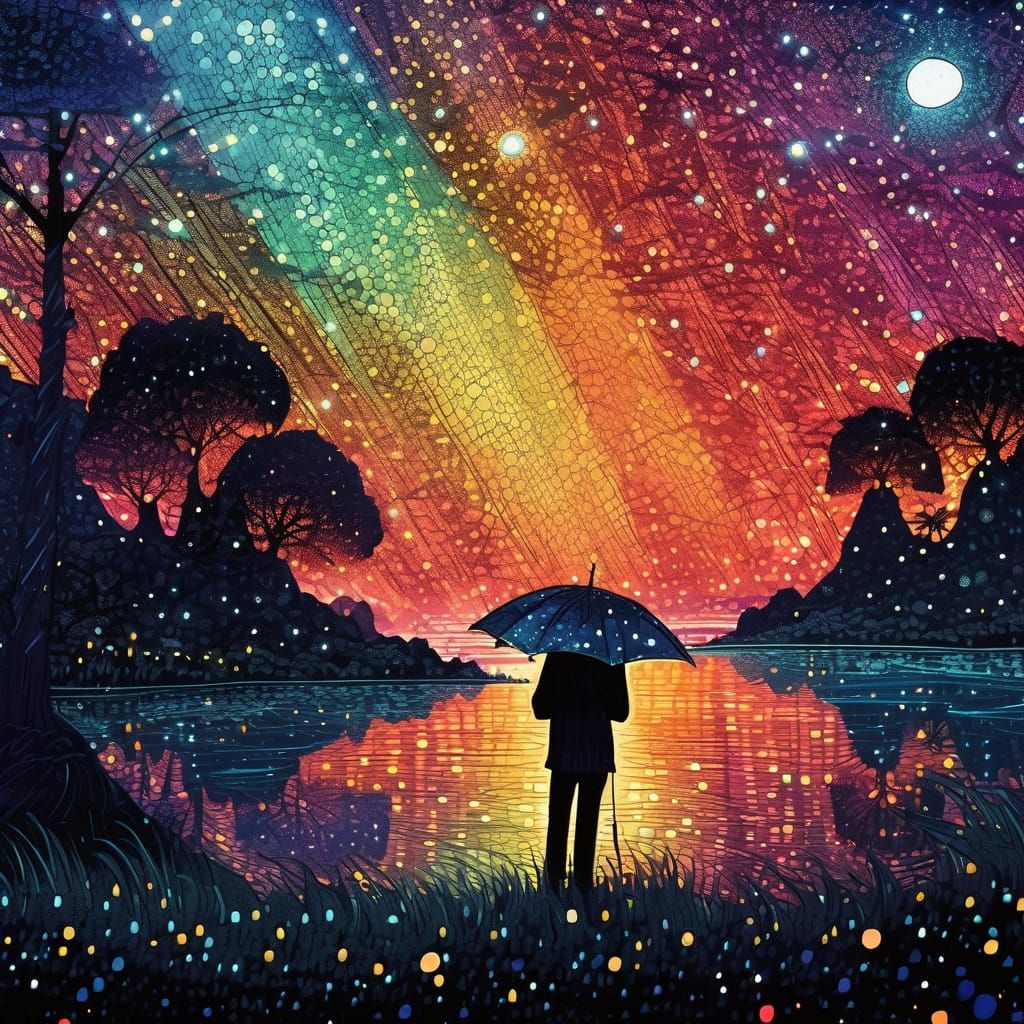 Umbrella Under a Starry Night Sky
