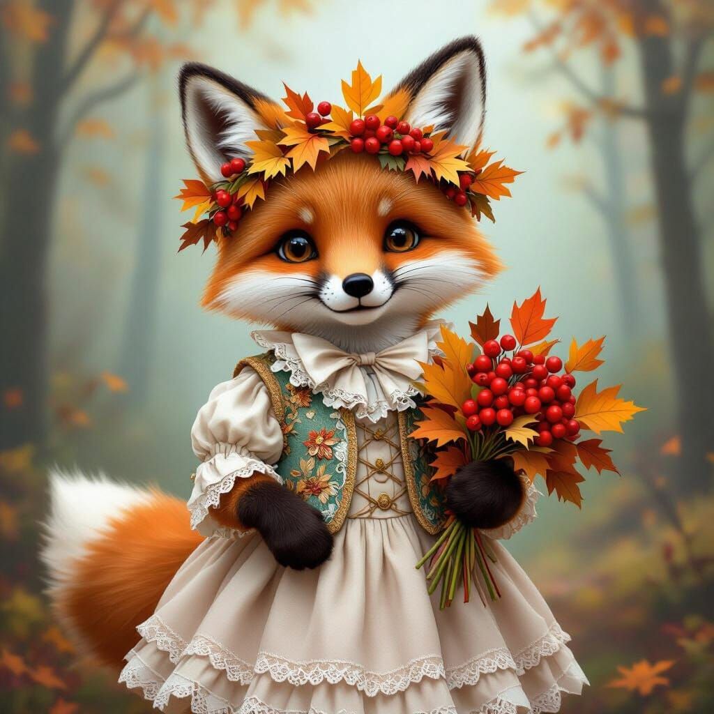 Fox in Frilly Dress in Whimsical Fantasy Style