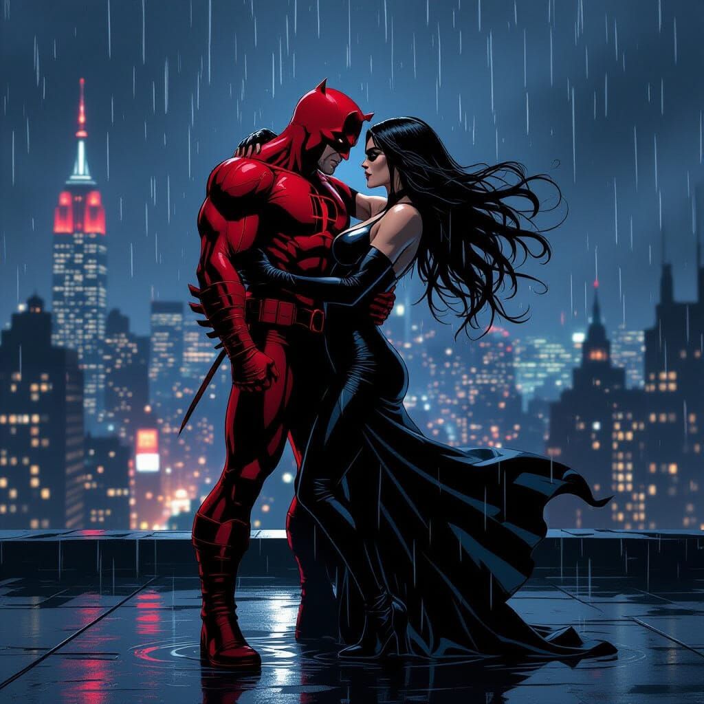 Daredevil and Elektra Embrace on Rooftop