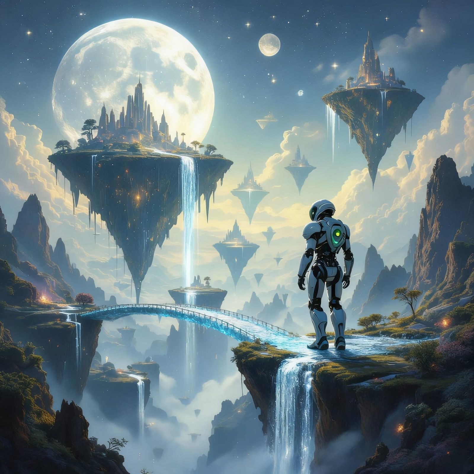 Robot Walks Surreal Starlight Bridges in Ethereal Fantasy La...