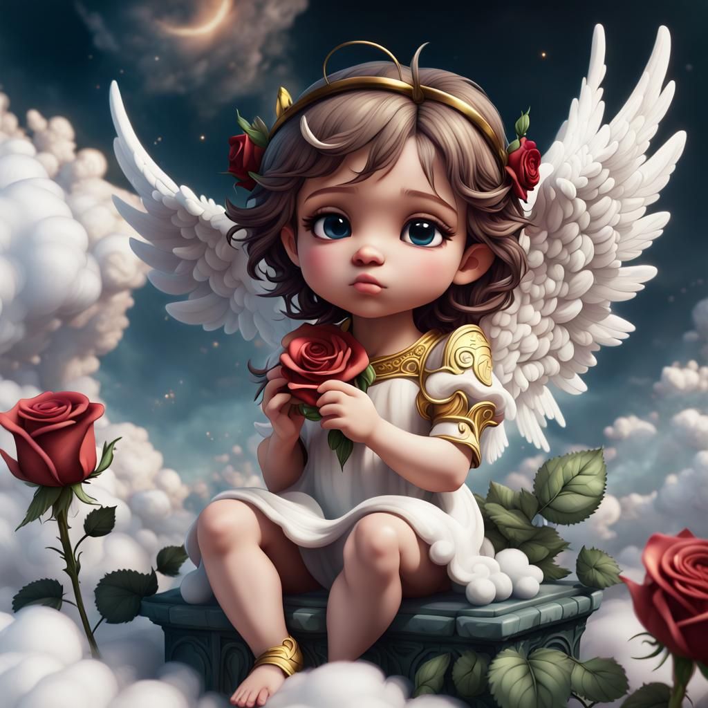 Chibi Angel Smelling a Rose, Fantasy Concept Art