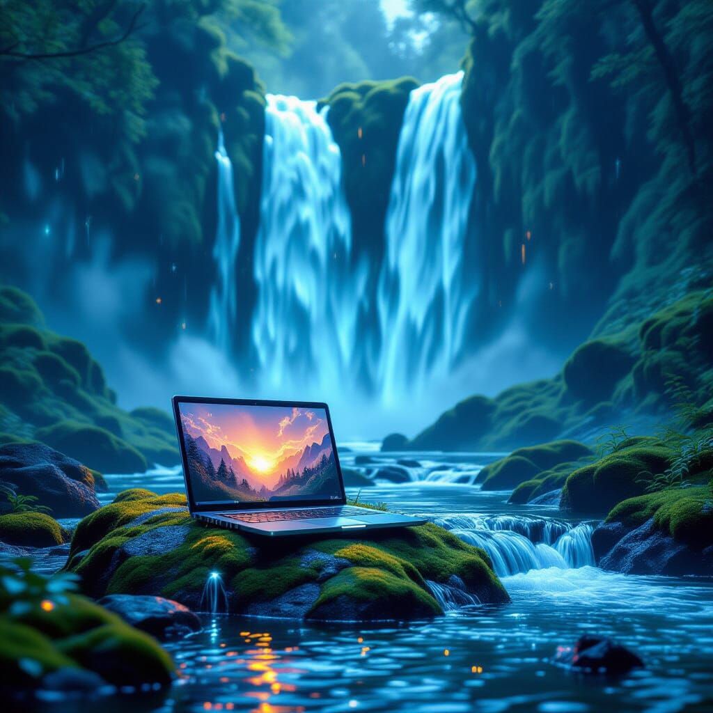 Glowing Laptop by Waterfall, Fiber Optic Water, Neon Mist