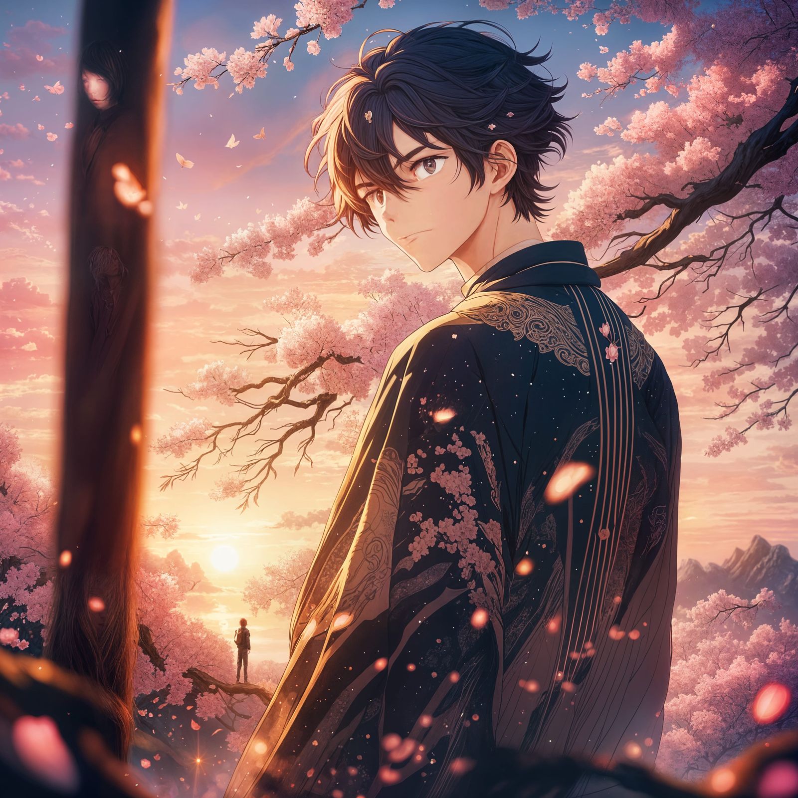 Anime Boy Gazing at Sunset with Cherry Blossoms