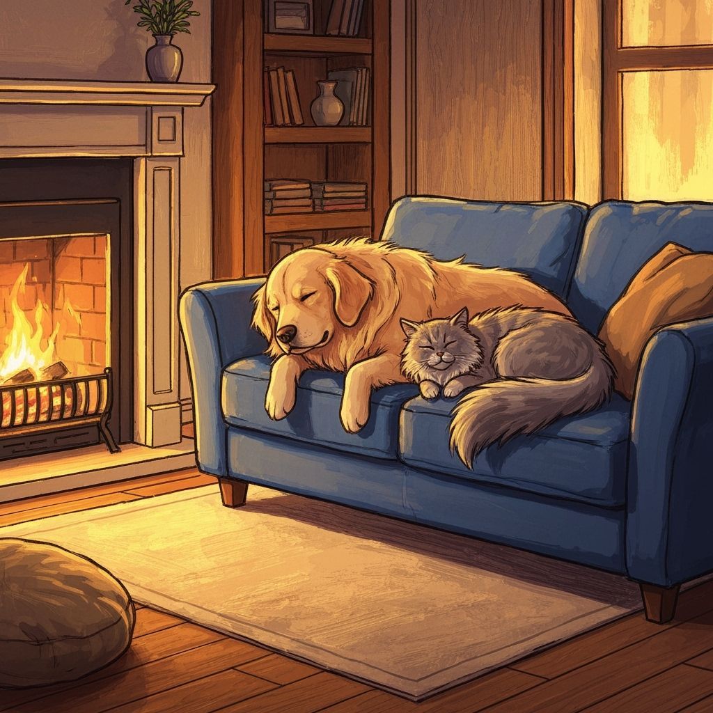Cozy Companions: Cat and Dog by Fireplace in 2D Style