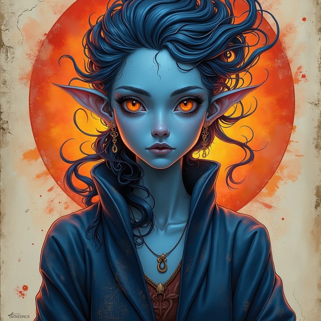 Surreal Tiefling Goddess in Midnight Blue Robes