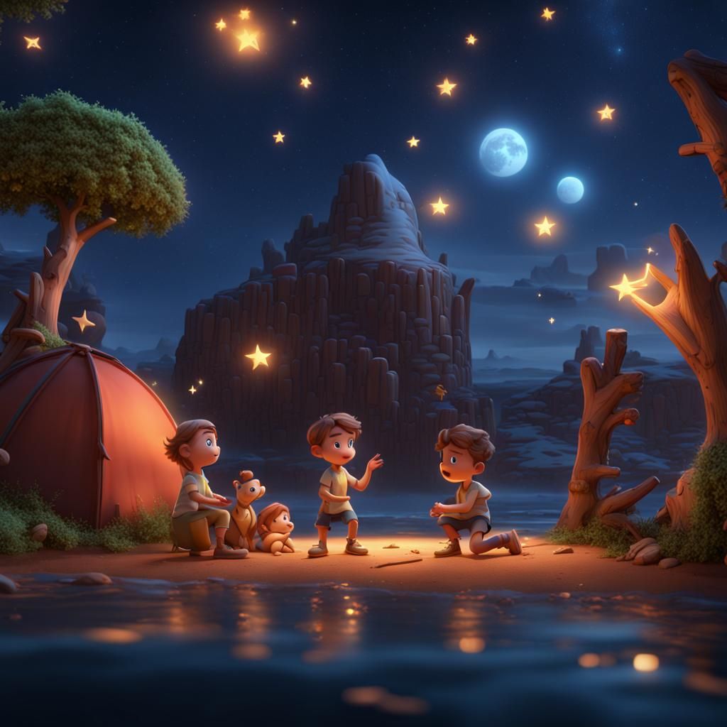 Children Playing Beneath Stars in Pixar-style 3D