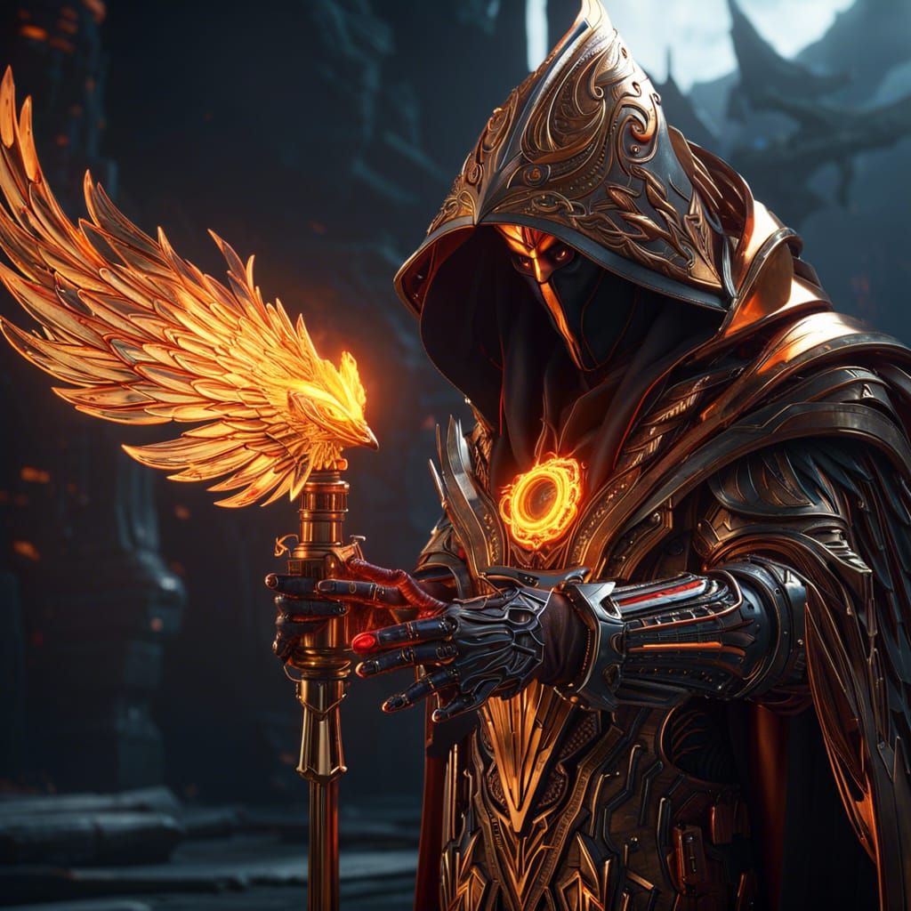 Epic Sci-Fi Wizard with Phoenix Background