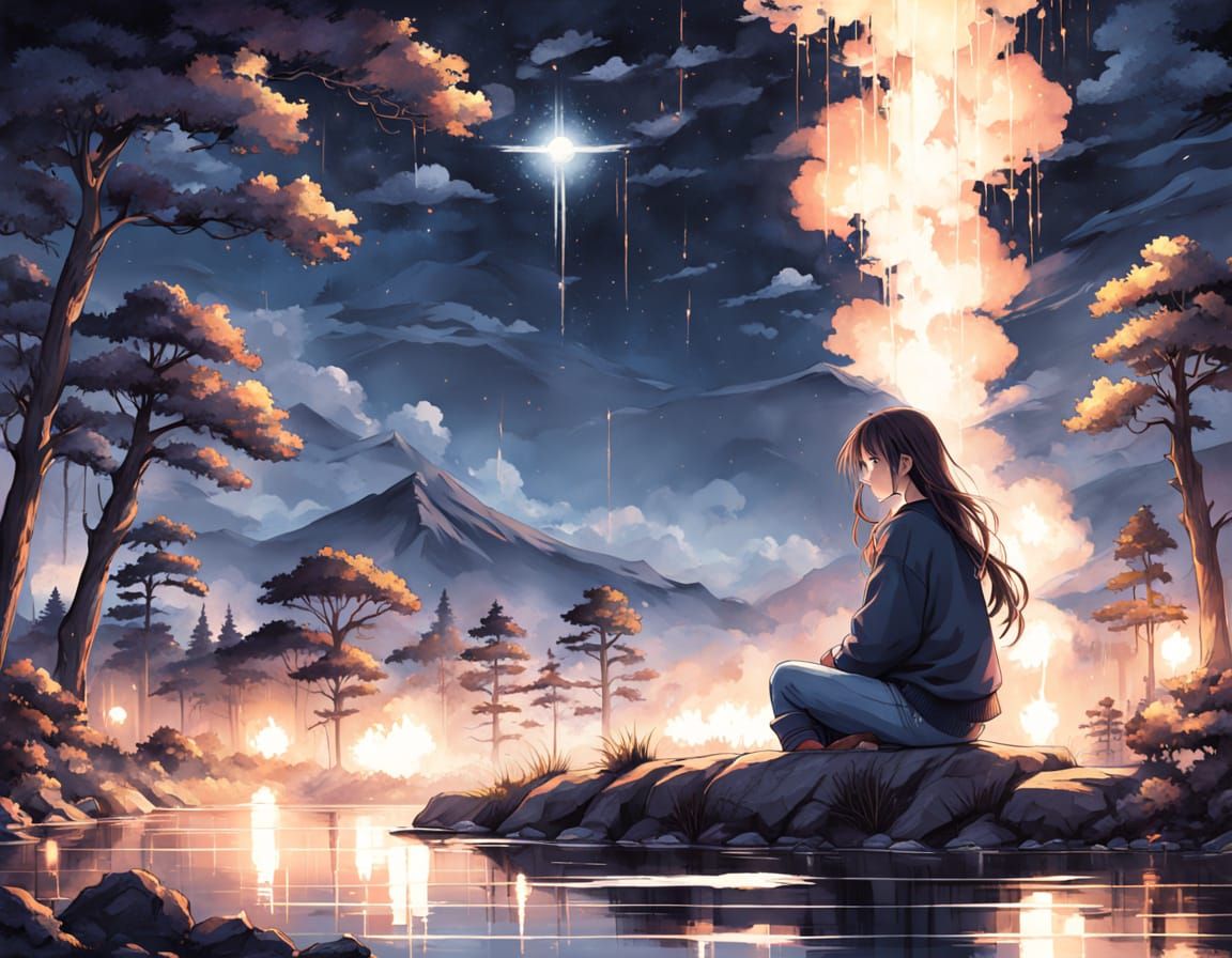 Serene Anime-Style Night Scene by the Lake