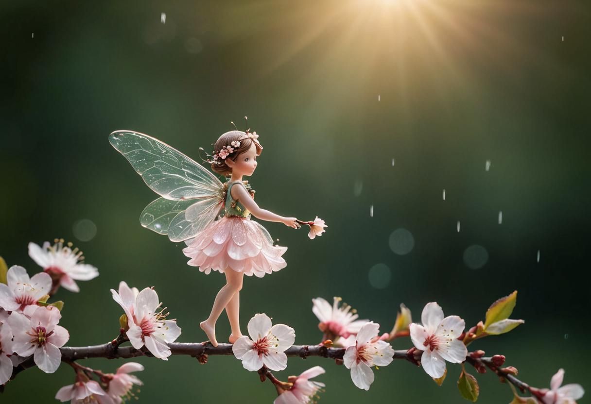 Tiny Fairy on Cherry Blossom Branch in Macro