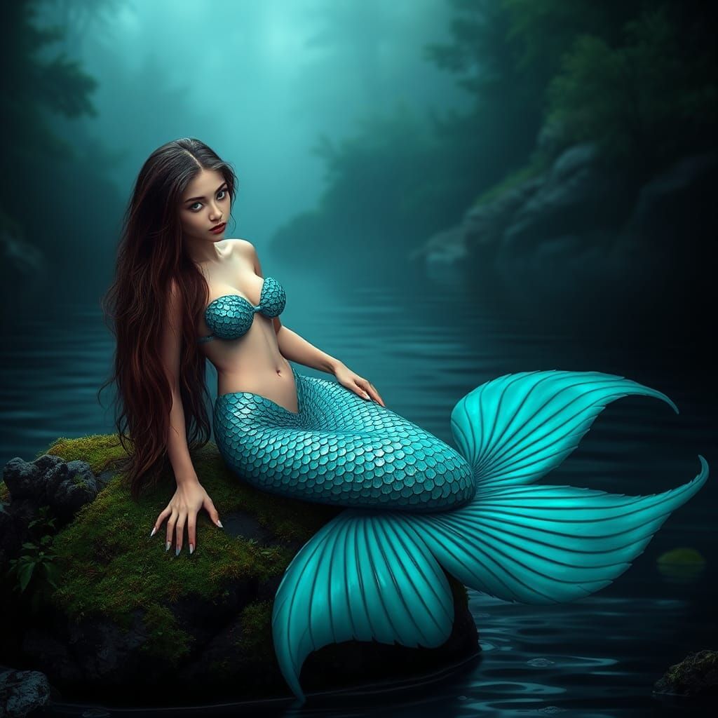 Siren with Turquoise Fishtail on Mossy Rock