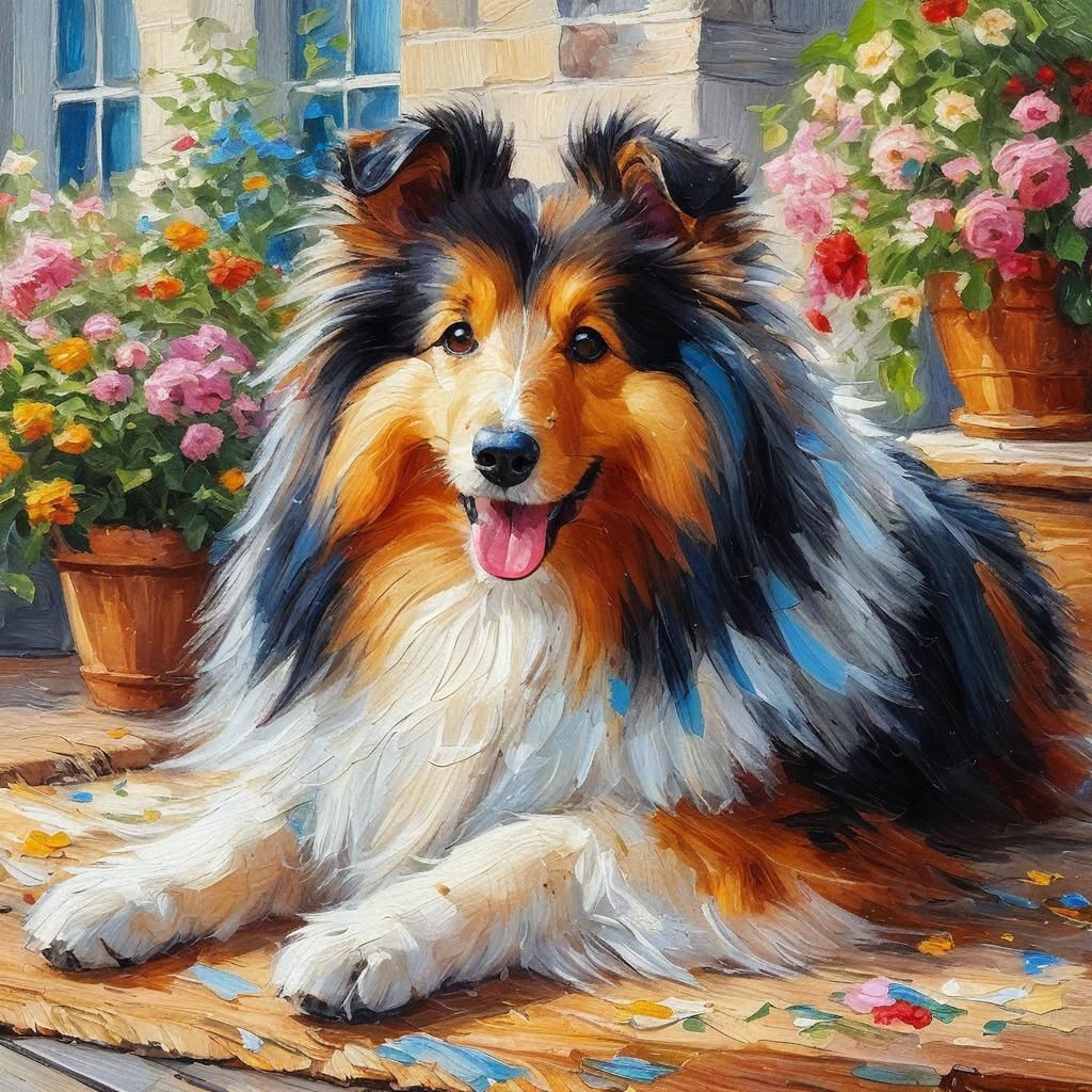 Sheltie Dog in Garden: Textured Gouache Oil Painting
