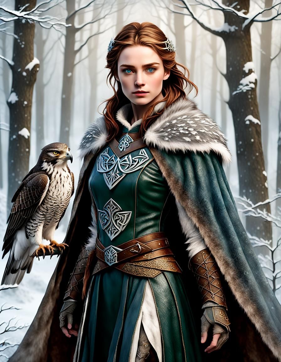 A beautiful celtic princess huntress with falcon companion (textured feathers) , a winter forest , looking towards the c...