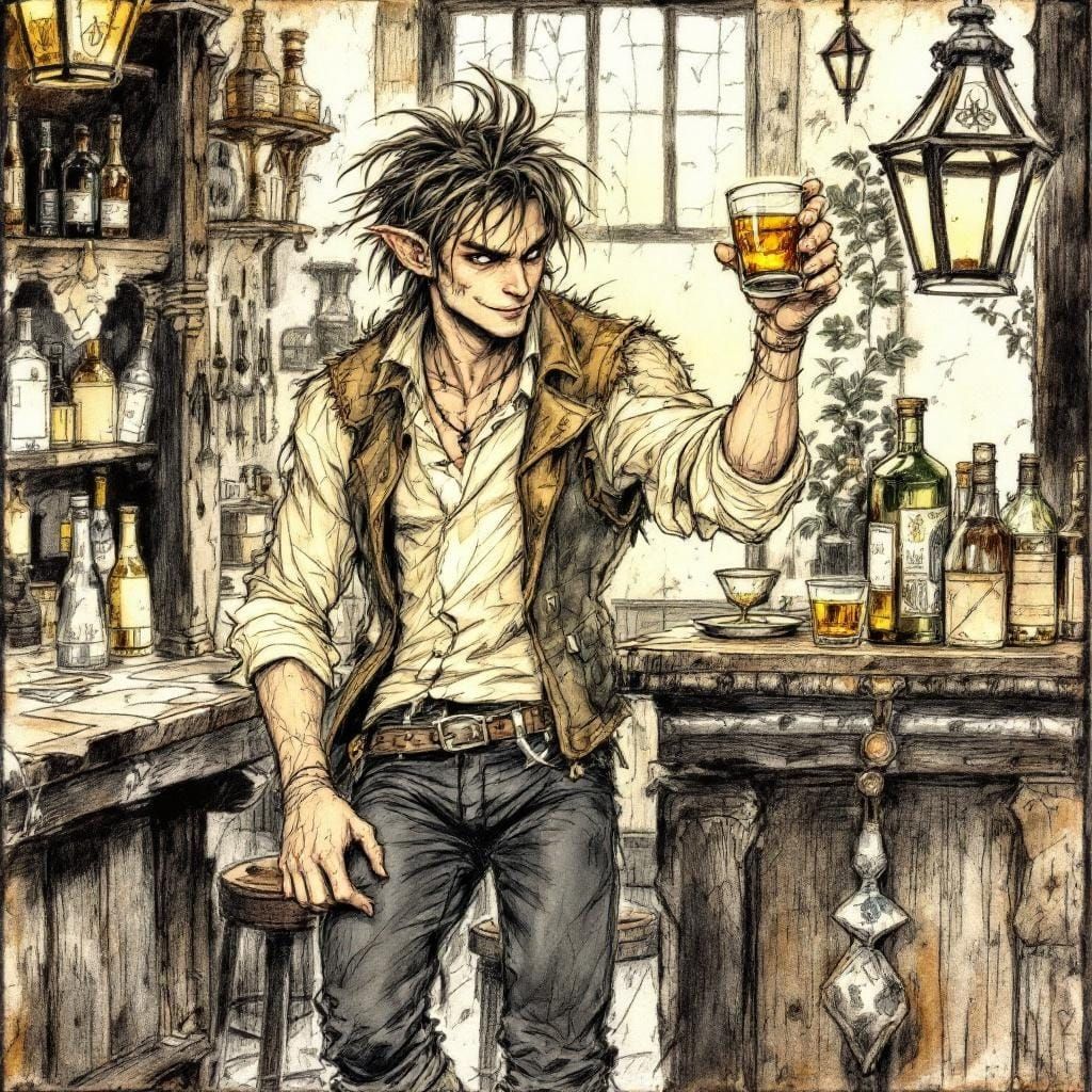 Handsome Tiefling in Tavern, Ink and Colored Pencil Art