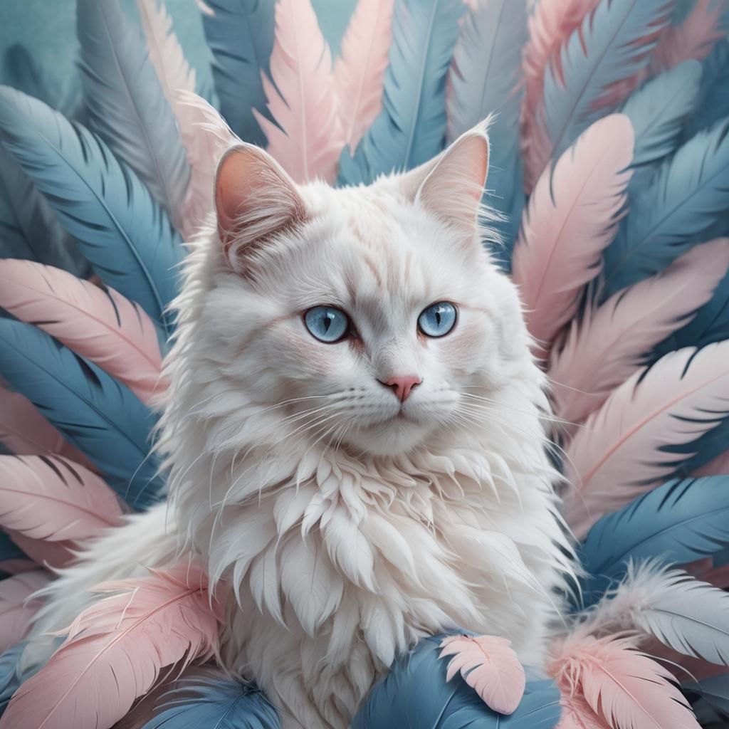 Pink Cat on Blue Feathers: Whimsical Concept Art