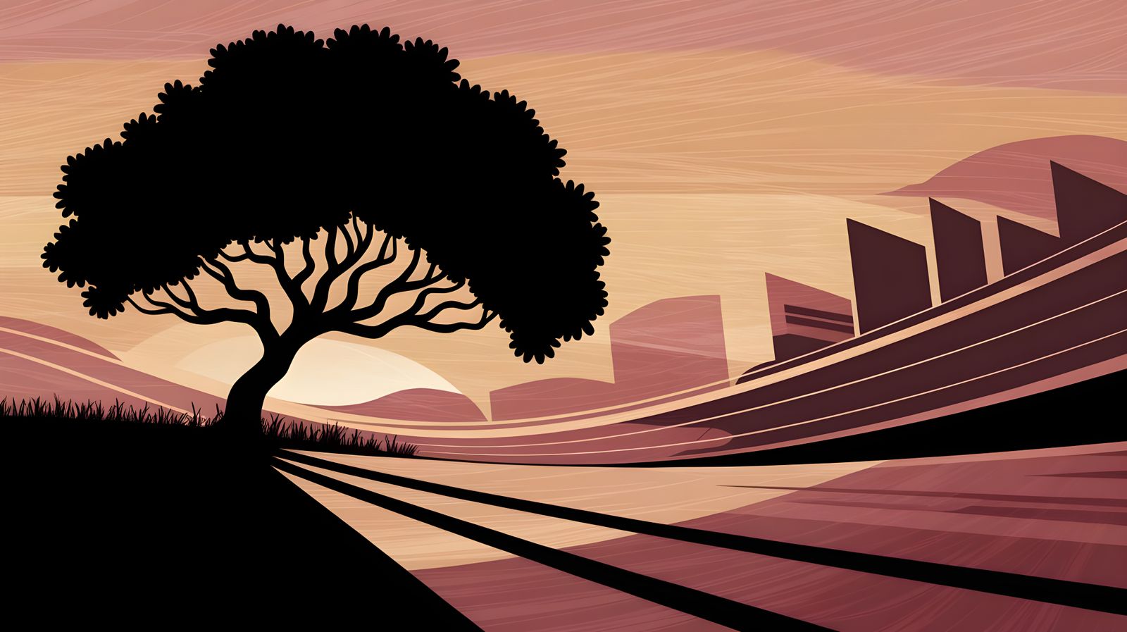 Surreal Cubist Landscape with Elongated Tree Shadow