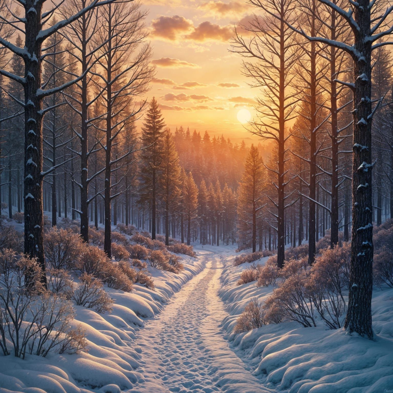 Mosaic Cardinal at Winter Sunrise