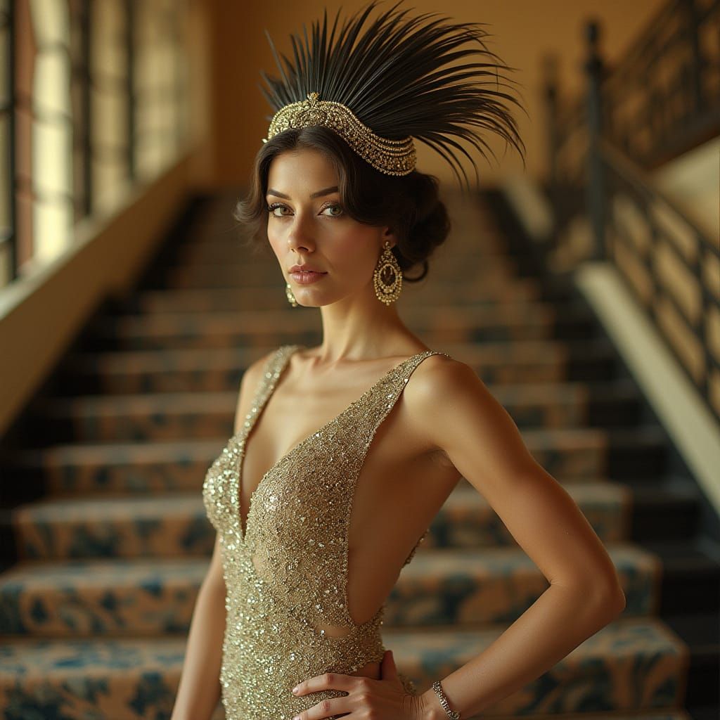 Art Deco Supermodel Poses on Grand Staircase in Gown