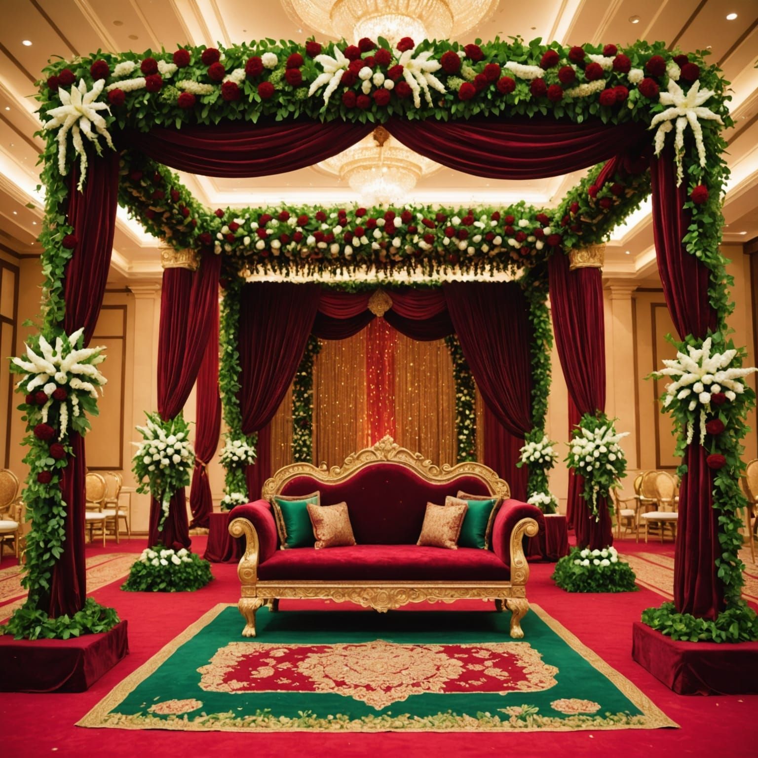 Majestic Indian Wedding Mandap in Deep Red and Emerald Green